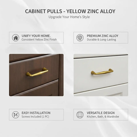 Yellow Zinc Alloy Cabinet Pulls For Kitchen Cabinets Wardrobes And Drawers Retro Hardware Handles with screws showcased on wood and white drawers