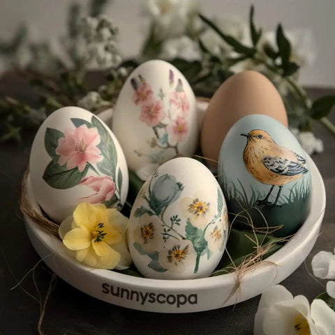 Decorated eggs with floral and bird designs in a dish, created using Water Slide Decal Paper For Inkjet Printers Clear US Letter Size.
