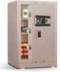 Heavy Duty Digital Electronic Safe Box with steel construction, open door showing shelves, keypad, and dual alarm system.