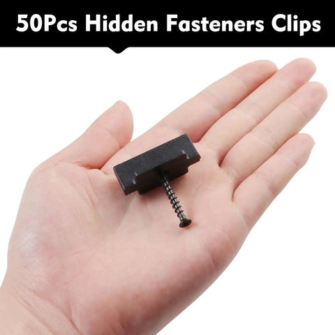 Straight Up Durable Black Nylon Hidden Deck Fasteners Plus T Clips With Heavy Duty Metal Screws For Effortless Composite Board Setup No Fuss Universal Decking Connector Kit 50 Piece shown in hand