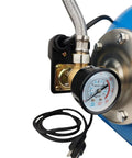 Close-up of pressure gauge and stainless steel head on Powerhouse 1.6HP Shallow Well And Pressure Booster Pump 110V for home irrigation.
