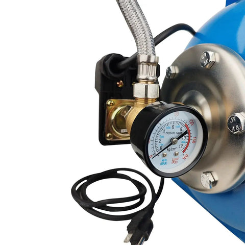 Close-up of pressure gauge and stainless steel head on Powerhouse 1.6HP Shallow Well And Pressure Booster Pump 110V for home irrigation.