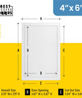 4X6 Inch Flush Access Panel For Drywall And Ceilings Crafted From Heavy Duty High Impact Styrene With UV Stabilizers showing dimensions