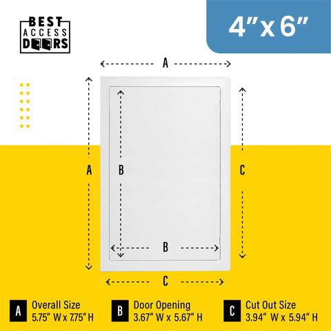 4X6 Inch Flush Access Panel For Drywall And Ceilings Crafted From Heavy Duty High Impact Styrene With UV Stabilizers showing dimensions