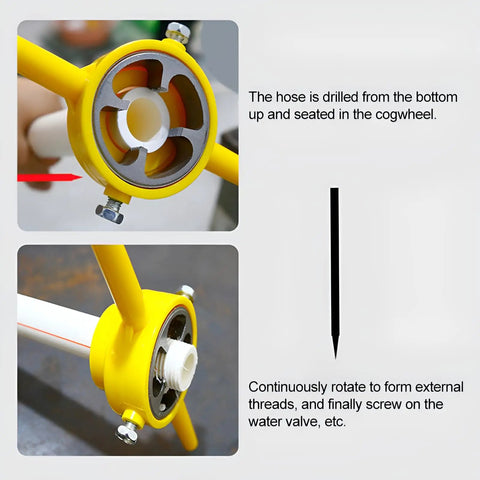 Durable 6-Piece PVC Pipe Threader Tap Set For Quick DIY Plumbing Fixes Featuring 1/2 Inch, 3/4 Inch And 1 Inch Die Tools yellow PVC pipe threading tool on plastic water pipe