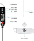 Meat Thermometer Digital Instant Read Thermometer with large display, buttons labeled, and 5-inch probe for kitchen use.