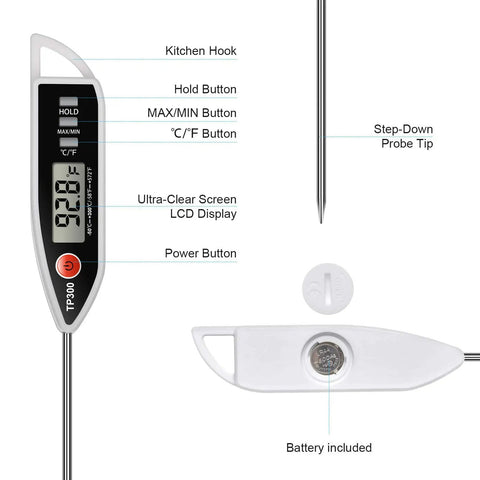 Meat Thermometer Digital Instant Read Thermometer with large display, buttons labeled, and 5-inch probe for kitchen use.