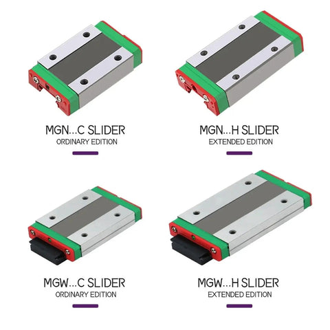 Four different MGN and MGW linear block sliders, showing ordinary and extended editions with visible screw holes and colored blocks.