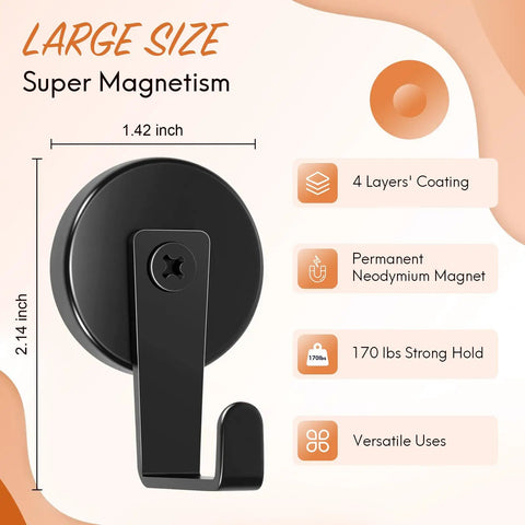 170 Lb Heavy Duty Magnetic Wreath Hanger With Steel Tube Base No Drill Door Hook For Metal Doors And Walls Ideal For Home Office Ship Cabin Decor Black Three Pack, close-up of single hook with measurements and features listed.