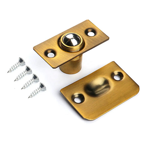 Heavy Duty Brass Ball Door Catch For Interior Doors, Adjustable Seam Fit, bronze finish with screws shown