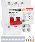 Front view of Heavy Duty Ground Fault Circuit Breaker With Surge Protection For DIN Rail Mount Two Pole 63 Amp 120V To 240V AC Leakage Trip 30mA Short Circuit Protection And Circuit Isolation with accessories