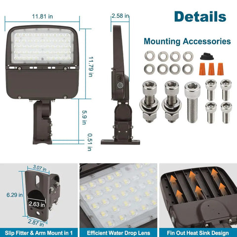Beast Bright 150W LED Parking Lot Light With Dusk To Dawn Photocell Outdoor Power Tunable features and accessories shown