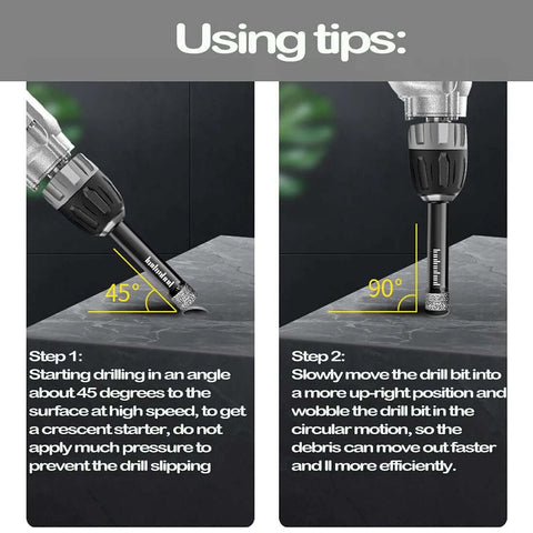 Mgtgbao 6pc 3/8in dry diamond drill bit set with 10mm hex shanks for porcelain tile and stone; drilling at 45° and 90°.