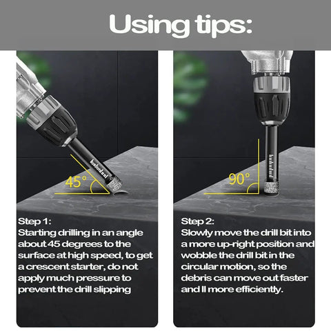 Using tips for Ten Pack 5mm 3/16 Inch Dry Diamond Tile Drill Bits Set With Round Shank Pro Grade showing 45 and 90 degree angles.