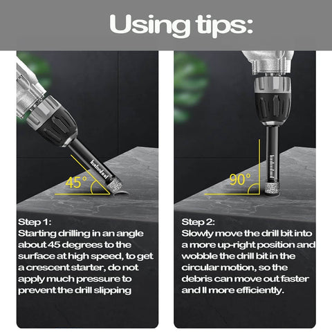 Mgtgbao diamond drill bits for tile; two-panel view shows 45-degree starter drilling and 90-degree plunge drilling
