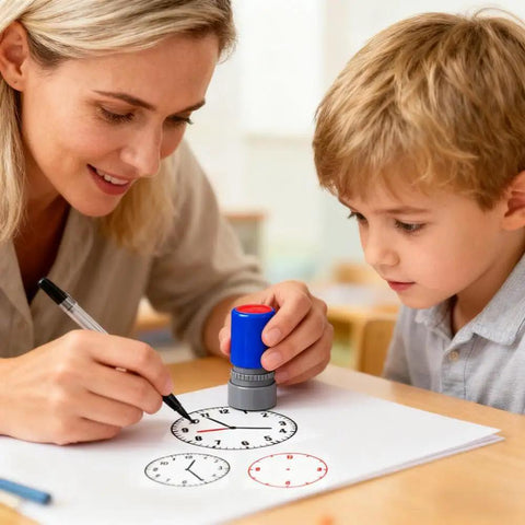 Mom and child using Two Pack Clock And Watch Model Stamps Totally Dope Craft Tool For Kiddos Teaches Time Telling With Quick DIY Layout.