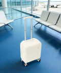 Mint Blue And Pearl White 18 Inch Carry On Suitcase With A Built In USB Charging Port And Roomy Power Bank Pocket For Traveling in airport lounge.