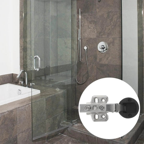 4 Pack Hydraulic Glass Door Hinges With Soft Close Damping For Kitchen Cabinets And Wine Cabinet Doors Quiet Smooth Closing Durable Cabinet Door Hardware installed in a bathroom glass door, close-up of hinge detail