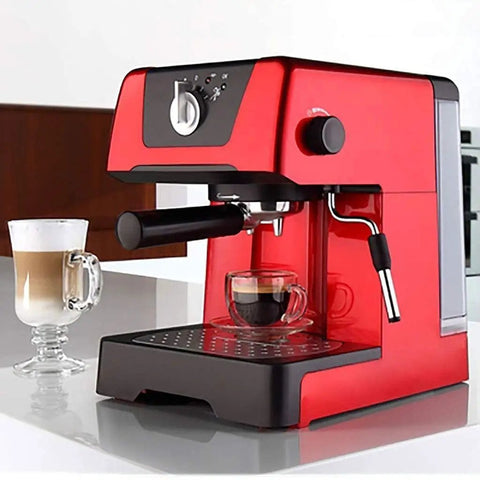 Red Semi Automatic Espresso Machine With 15 Bar Pressure, Fast Heating, Milk Frother Wand, 1.4L Water Tank, on kitchen counter.