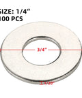 Flat washer, 3/4 in outer diameter, 1/4 in hole, 304 stainless steel, for screws and bolts, 100 pcs