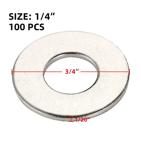 Flat washer, 3/4 in outer diameter, 1/4 in hole, 304 stainless steel, for screws and bolts, 100 pcs