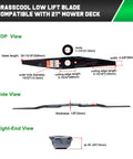 Diagram showing GrassCool low lift blade compatible with 21-inch mower deck, including blade measurements and air lift details.