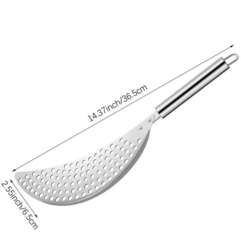 2 Pack Stainless Steel Pot Strainer Set With Safe Handles For Hands Free Drainage, crescent shape, detailed measurements shown