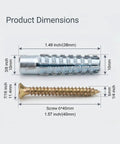 Heavy Duty Hollow Wall Anchors With Screws Bulk Pack 60 Count For Drywall Installations And Loose Hinge Hole Repairs, Includes 30 Steel Anchors And 30 Zinc Screws For Secure Mounts In Drywall. 3/8 inch steel anchor and 1.57 inch zinc screw dimensions