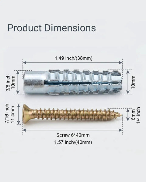 Heavy Duty Hollow Wall Anchors With Screws Bulk Pack 60 Count For Drywall Installations And Loose Hinge Hole Repairs, Includes 30 Steel Anchors And 30 Zinc Screws For Secure Mounts In Drywall. 3/8 inch steel anchor and 1.57 inch zinc screw dimensions