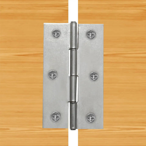 Top Tier 12 Pack Of 2.5 Inch Mini Butt Hinges In Classic Silver Finish showcasing stainless steel hinge mounted on wood.