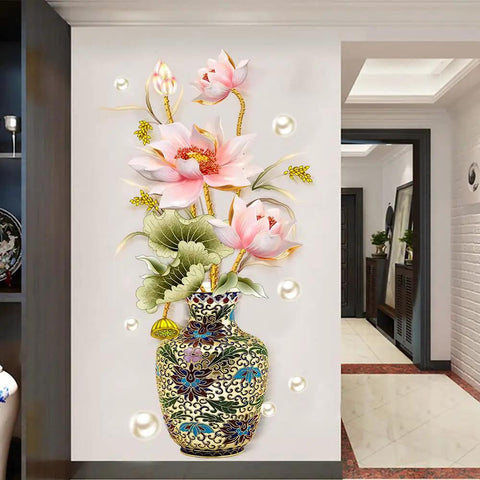 Chinese Style Lotus Flower Vase Wall Sticker With Pearl Accents Peel And Stick Decor For Living Room And Entryway