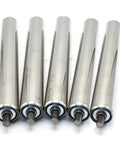 2 Inch Diameter Metal Tube Bearing Roller Set, Heavy Duty Conveyor Rollers 5 Pack, 12mm Shaft, Supports 50-220 Lbs Each, Ideal For Assembly Lines And Material Handling, Close Spacing For Heavier Loads. Five stainless steel rollers shown front view.