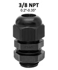 Close-up of 3/8 NPT black nylon cable gland, part of Twenty Pack Nylon Cable Glands 3/8 NPT Waterproof IP68 Cord Grip Strain Relief