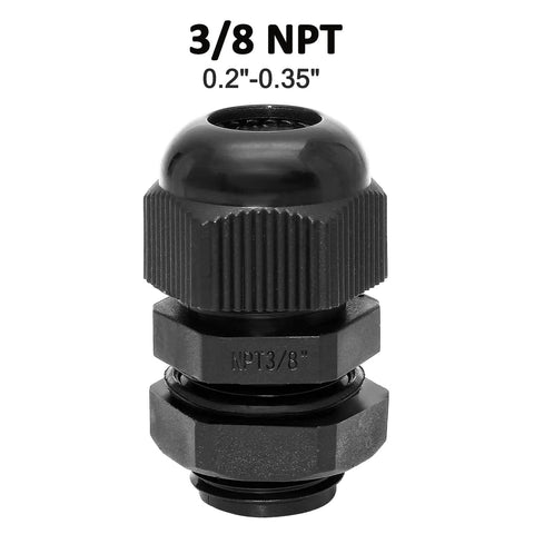 Close-up of 3/8 NPT black nylon cable gland, part of Twenty Pack Nylon Cable Glands 3/8 NPT Waterproof IP68 Cord Grip Strain Relief