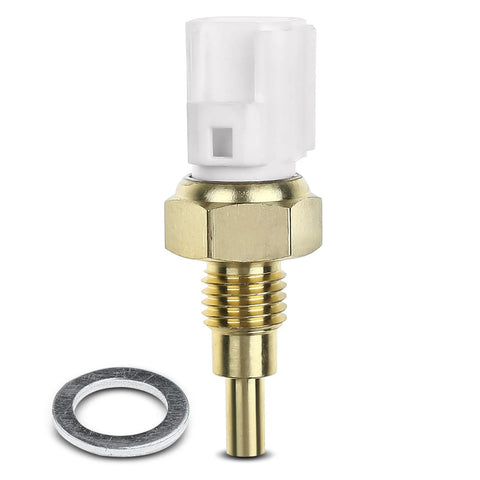 Front view of A-Premium coolant temperature sensor with brass threaded body, white plastic connector, and washer