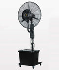 Heavy Duty Industrial Misting Fan With Water Spray Cool Mist Oscillating Pedestal Cooling Fan High Velocity Air Circulator Quiet Adjustable Floor Unit with black base.