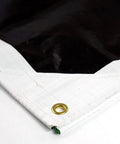 Close-up of reinforced corner and grommet on 20 Foot By 20 Foot Beefy Tough As Nails Waterproof Tarp 16 Mil Thick White And Brown Reversible Cover