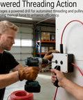 Man using drill with Wire Puller Tool For Conduit And Cable, Fish Tape Pulling Tool For Tight Bends And Hard-To-Reach Spaces setup