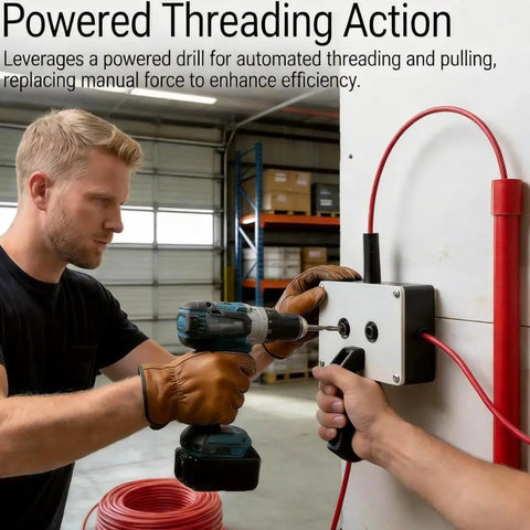 Man using drill with Wire Puller Tool For Conduit And Cable, Fish Tape Pulling Tool For Tight Bends And Hard-To-Reach Spaces setup