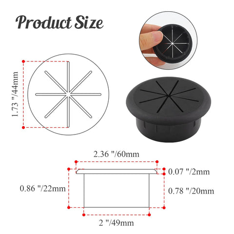 Diagram showing dimensions of 2 Pack 2 Inch Cable Grommets For Desk And Table Cable Management, Flexible ABS Plastic, Black