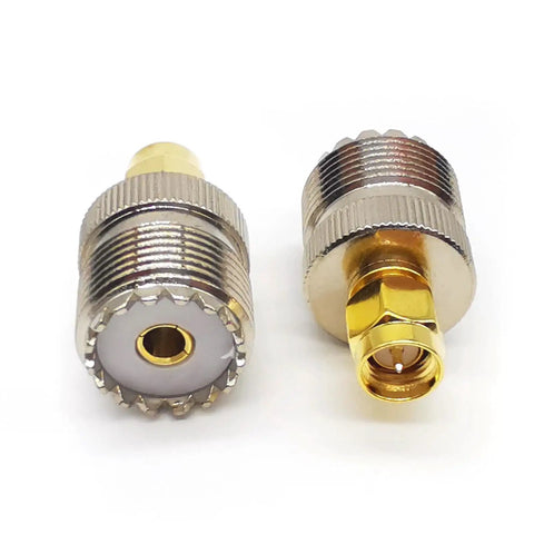 Two Pack SO239 To SMA Antenna Coax Adapters PL259 UHF Female To SMA Male Connectors shown front and side view