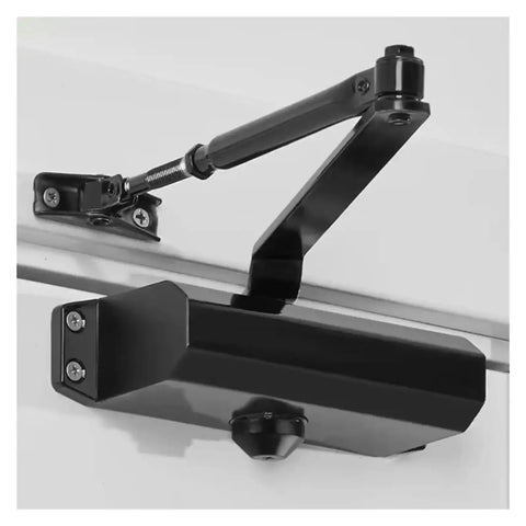 Automatic Door Closer With Adjustable Speed Fits 25Kg To 85Kg Doors For Smooth Quiet Soft Closing Buffer And No Slam Closures Plus Durable Long Lasting Performance With Protective Holder, mounted on a door in black finish.