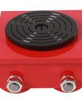 Four Piece Heavy Duty Machinery Skate Dollies Built For 13200 Lbs Loads With Sturdy PU Tires For Smooth Gear Haulin And Easy Warehouse Moves Without Breaking A Sweat On Your Shop Floor In Red, close-up of roller detail.