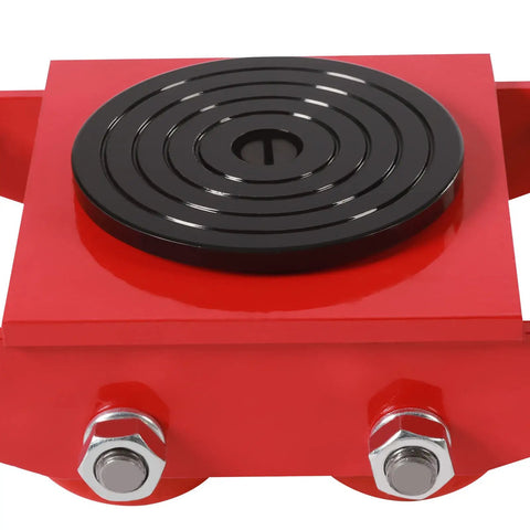 Four Piece Heavy Duty Machinery Skate Dollies Built For 13200 Lbs Loads With Sturdy PU Tires For Smooth Gear Haulin And Easy Warehouse Moves Without Breaking A Sweat On Your Shop Floor In Red, close-up of roller detail.