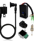 Beefed-Up CDI Box Ignition Coil Kit With Voltage Regulator Rectifier Starter Relay Solenoid For Sportsman 90 Scrambler 50 Predator 50 90 2003-2007 Replacement Complete Assembly displayed with coil, CDI box, regulator, relay, and spark plug