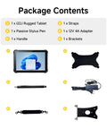Package contents for Heavy Duty Rugged Tablet With No Sweat Barcode Scanner And 12.2 Inch Windows 11 Pro Screen, Eight Plus One Twenty Eight Gig Storage.