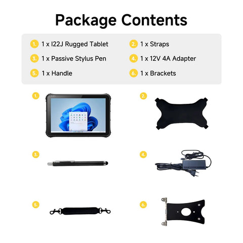 Package contents for Heavy Duty Rugged Tablet With No Sweat Barcode Scanner And 12.2 Inch Windows 11 Pro Screen, Eight Plus One Twenty Eight Gig Storage.