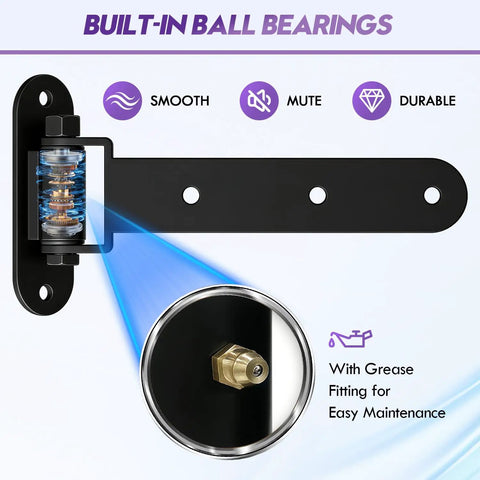 Heavy Duty Gate Hinges For Gates Up To 900 Lbs, 13 Inch Bolt Weld Mount, Matte Black Finish With Built In Ball Bearings And Grease Fitting For Smooth, Quiet Operation On Large Wooden, Metal Farm And Industrial Fencing Gates. close-up of matte black 13-inch gate hinge with grease fitting and ball bearings