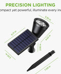 Outdoor Solar Lights Pack Of 4 Waterproof Garden Lights with adjustable panels, spotlight and stake, dimensions labeled