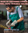 Man using four and one half inch angle grinder wire wheel set with six packs including three inch and four inch cup and wheel brushes.